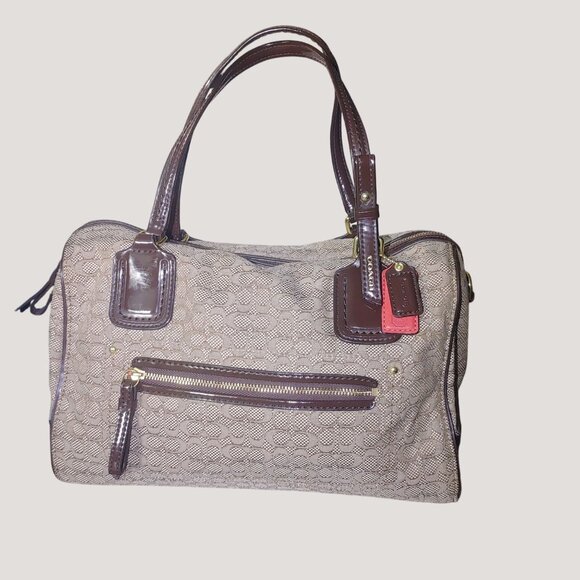 Coach Poppy Signature Handbag Satchel Oxford Khaki Mahogany Patent Leather Trim - Picture 13 of 16